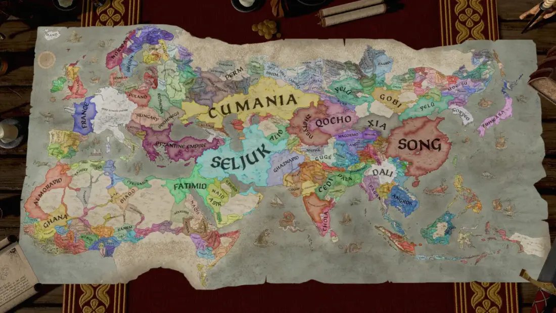 Mappa politica stesa come una pergamena su un tavolo: i domini di Europa, Asia e Nord Africa sono colorati uno per uno e i nomi dei regni sono incisi sopra le rispettive aree