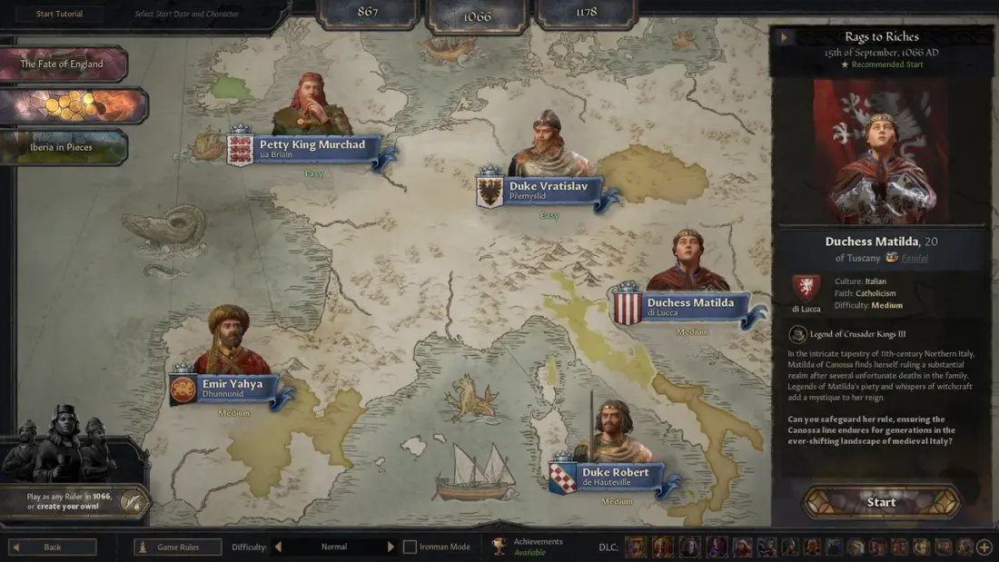 Schermata di scelta del personaggio iniziale: ritratti di sovrani disposti sulla mappa dell'Europa dell'XI secolo e pannello laterale con cultura, fede e grado di difficoltà del governante selezionato