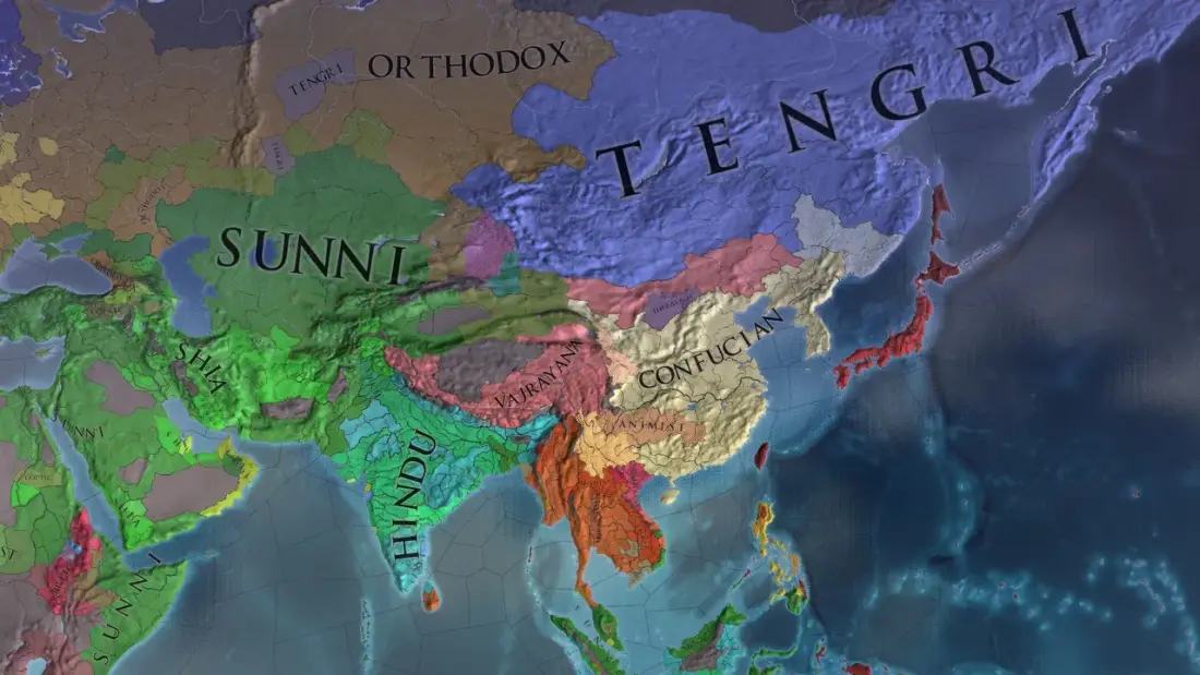 Mappa dell'Asia divisa in province, colorate secondo la modalità di visualizzazione che raggruppa i territori per confessione prevalente, con le etichette sovrapposte alle grandi aree