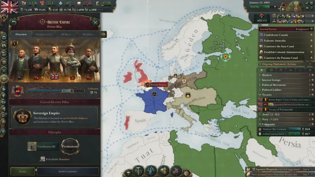 Interfaccia di gioco con la mappa dell'Europa a metà Ottocento, un pannello dedicato a un blocco di potere con la barra di coesione e, sulla destra, elenchi di trattati, mercati e compagnie